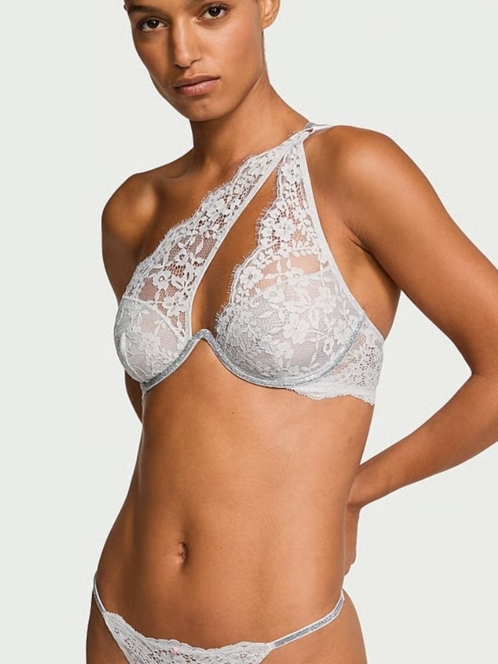 Victoria Secret Lace One-Shoulder Underwire Bra in Light Gray